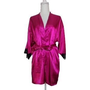Frederick's Of Hollywood Pink Satin & Black Lace Cuff Short Robe Boudoir 90s MD